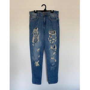 Forever 21 Ripped Blue Straight Jeans